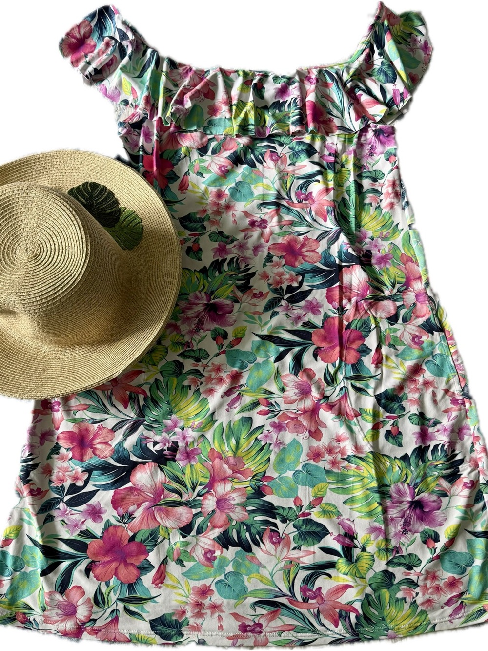 Tommy Bahama Tropical Off-Shoulder Floral Dress in Pinks & Greens